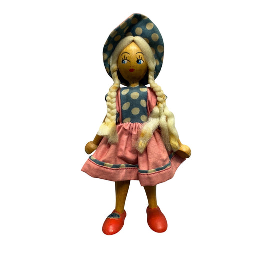 Vintage Wooden Doll With Braided Hair Polka Dot Dress & Red Shoes #9869
