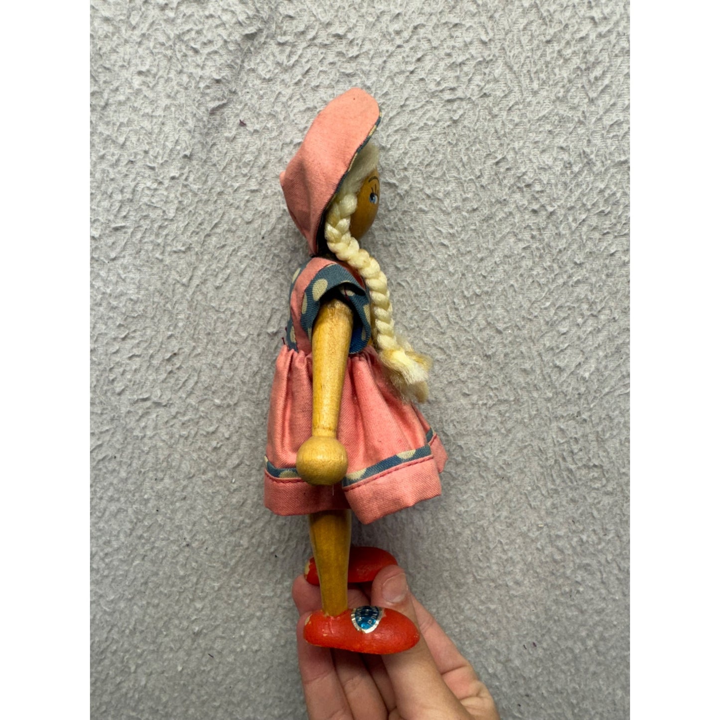 Vintage Wooden Doll With Braided Hair Polka Dot Dress & Red Shoes #9869
