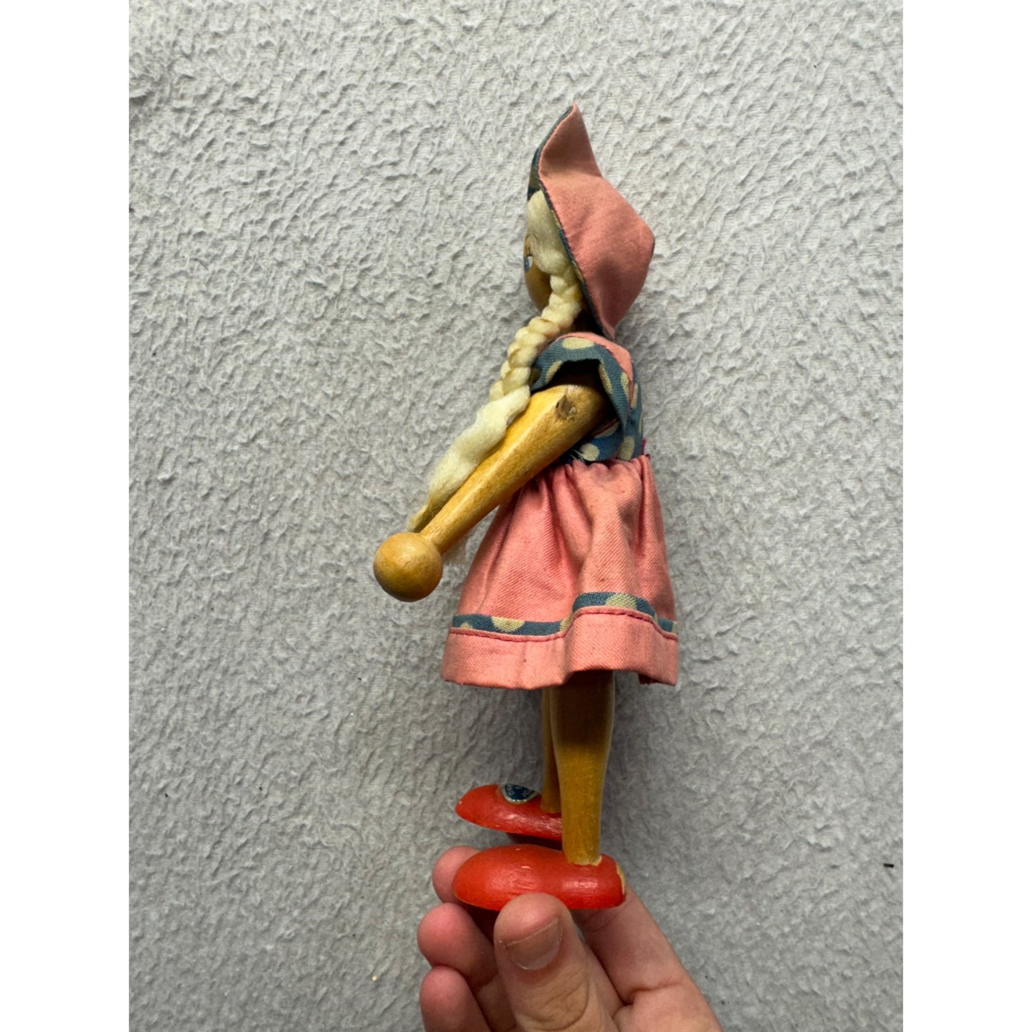Vintage Wooden Doll With Braided Hair Polka Dot Dress & Red Shoes #9869