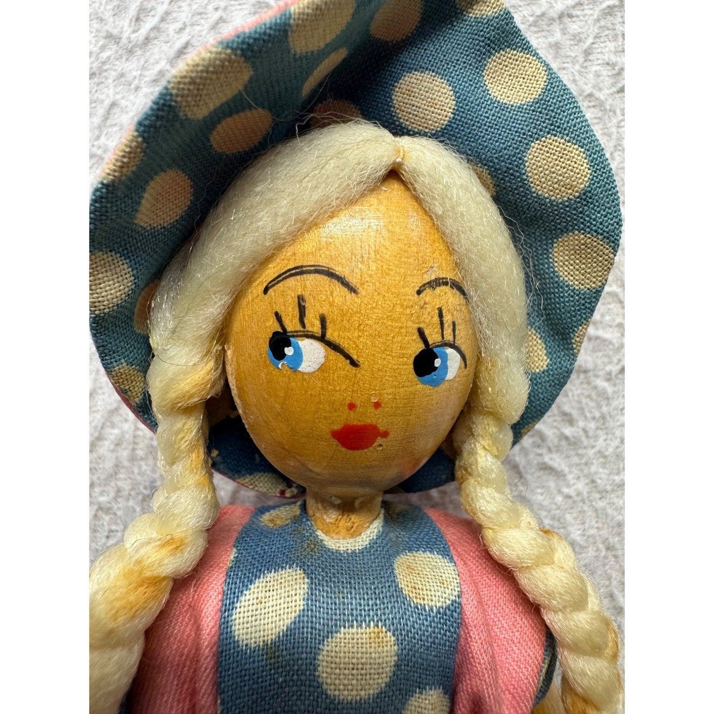 Vintage Wooden Doll With Braided Hair Polka Dot Dress & Red Shoes #9869