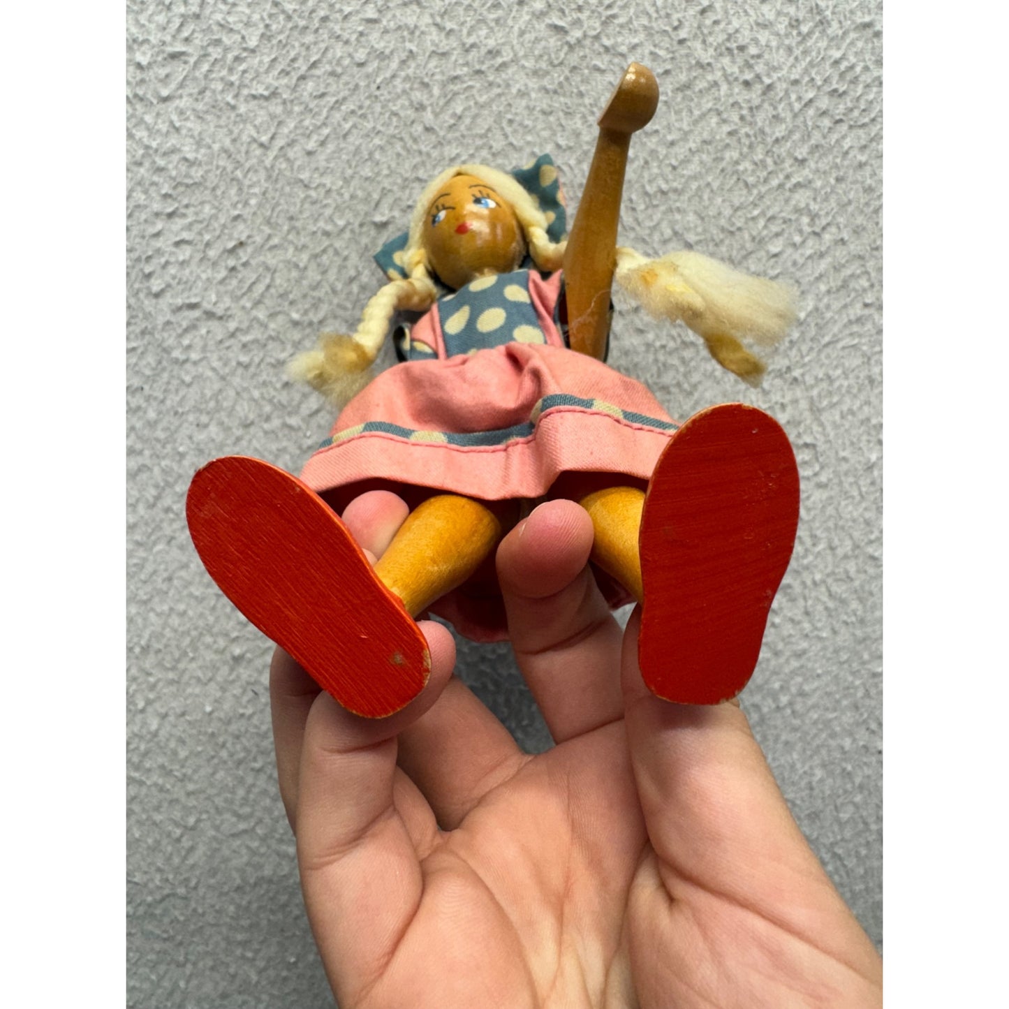 Vintage Wooden Doll With Braided Hair Polka Dot Dress & Red Shoes #9869