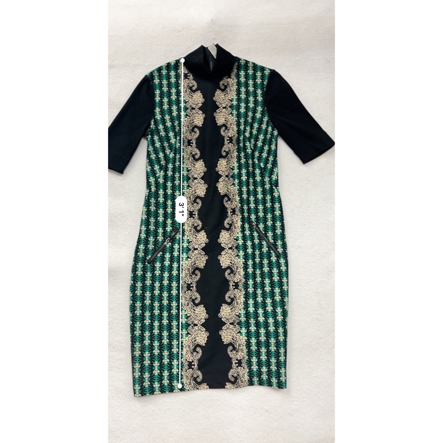 Julian Taylor Size 8 Green/Black Print Dress With High Neck #8362