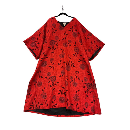 Red Floral Oversized Womens Dress By Couture L Black Lining Loose Fit V-Neck Short Sleeves #6869