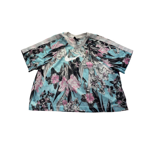 Nike Womens 2X Cropped Floral Print Mesh Top Pastel Pink & Blue Loose Fit #7196