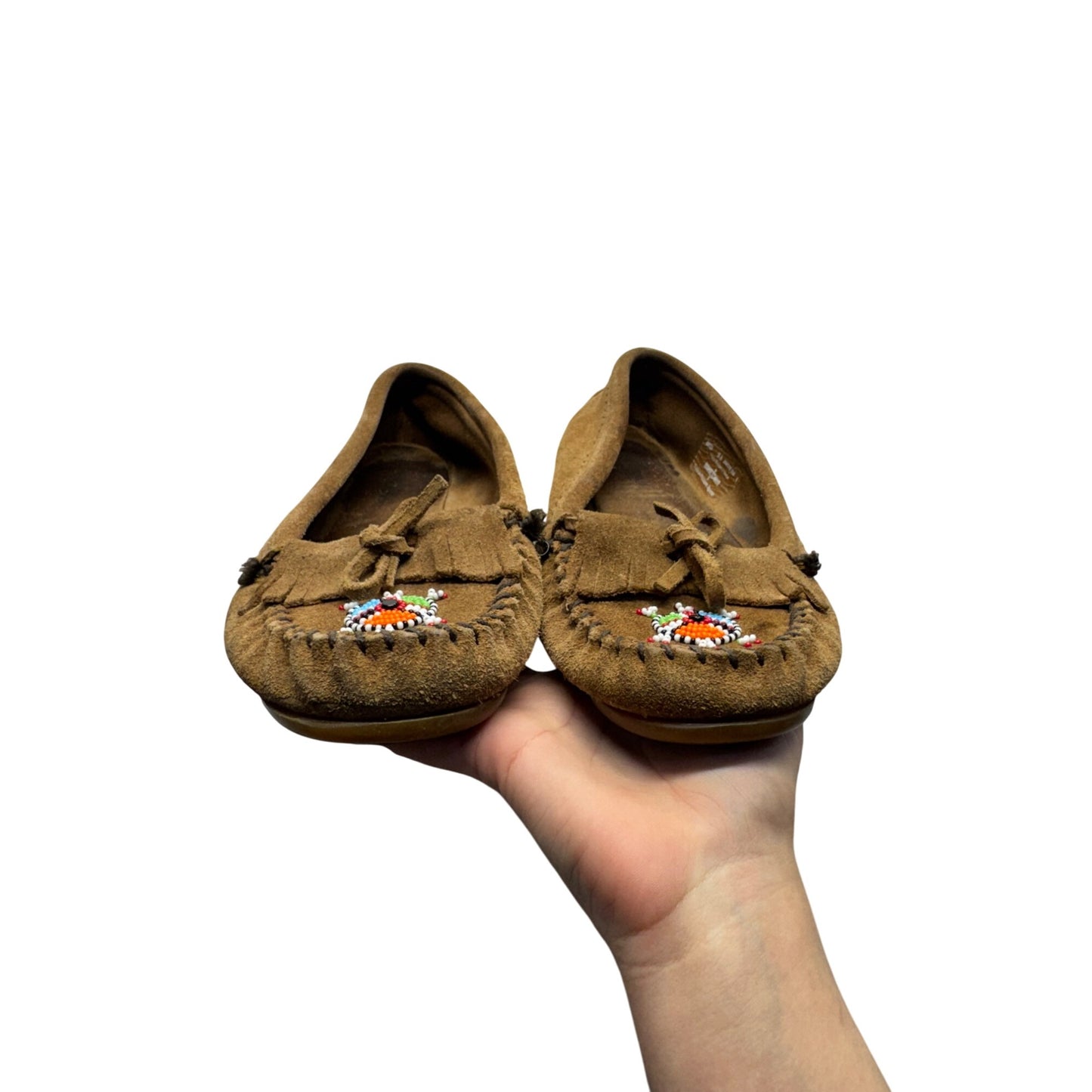 Minnetonka Brown Suede Beaded Moccasins Rubber Sole Slip-On Shoes #9636