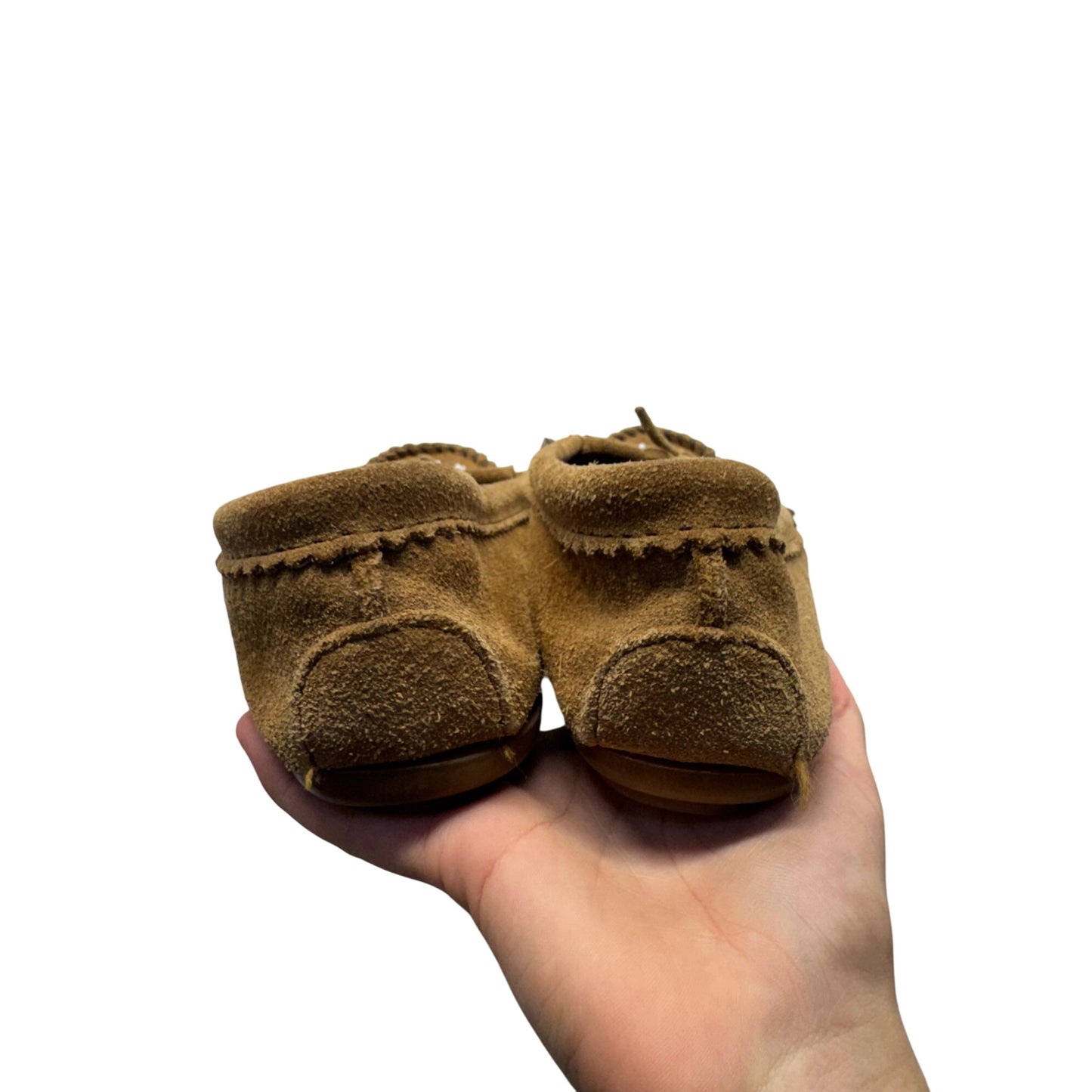 Minnetonka Brown Suede Beaded Moccasins Rubber Sole Slip-On Shoes #9636