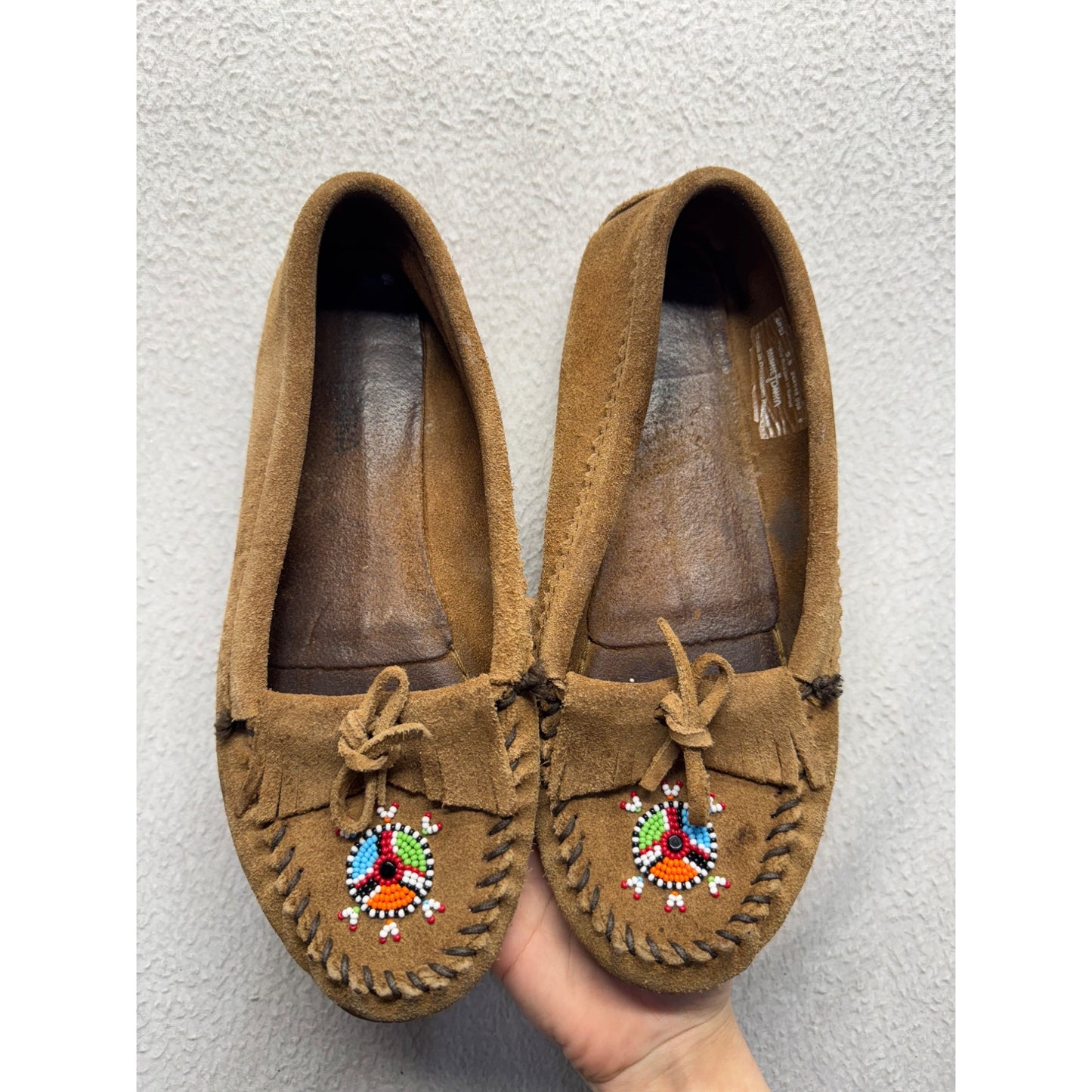 Minnetonka Brown Suede Beaded Moccasins Rubber Sole Slip-On Shoes #9636