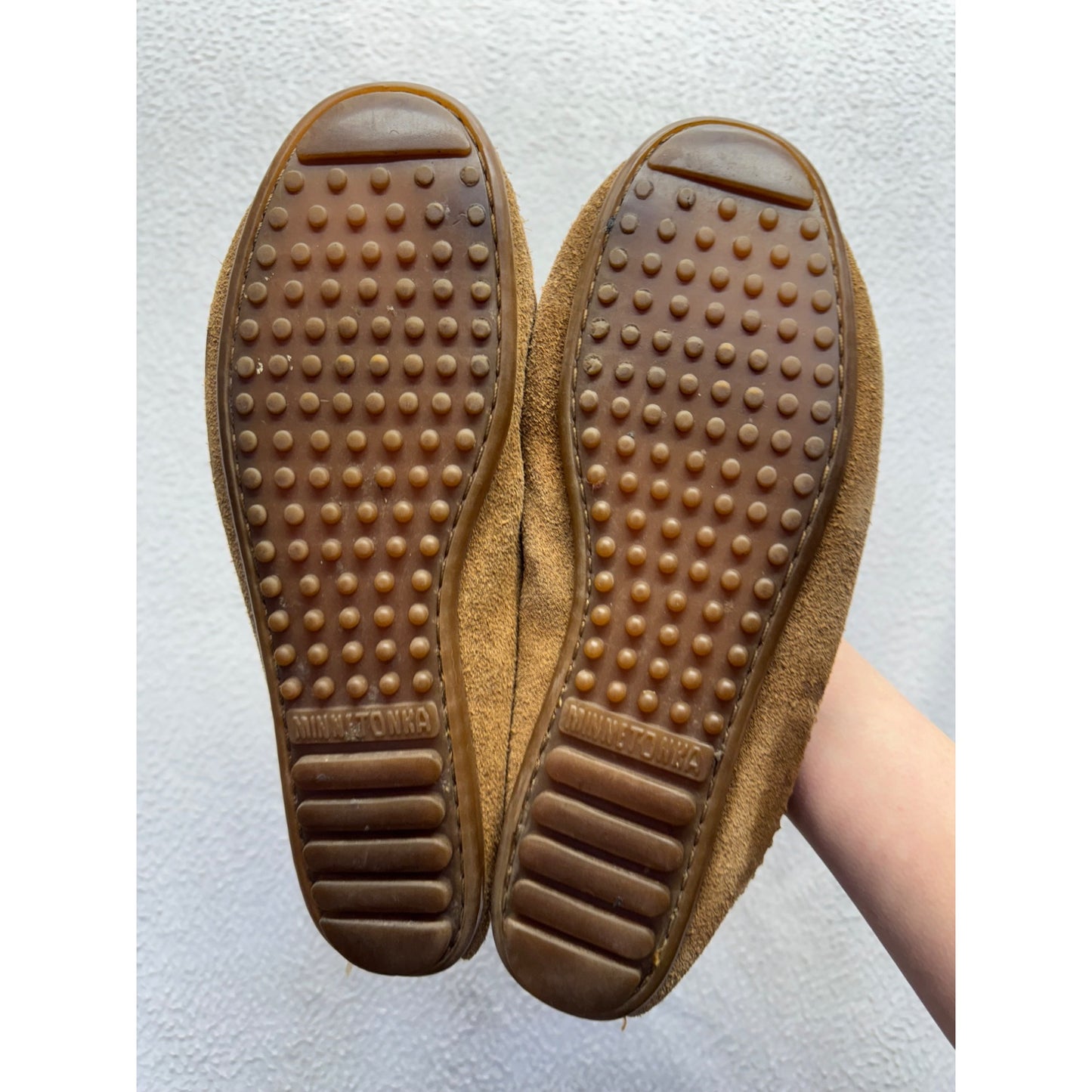 Minnetonka Brown Suede Beaded Moccasins Rubber Sole Slip-On Shoes #9636