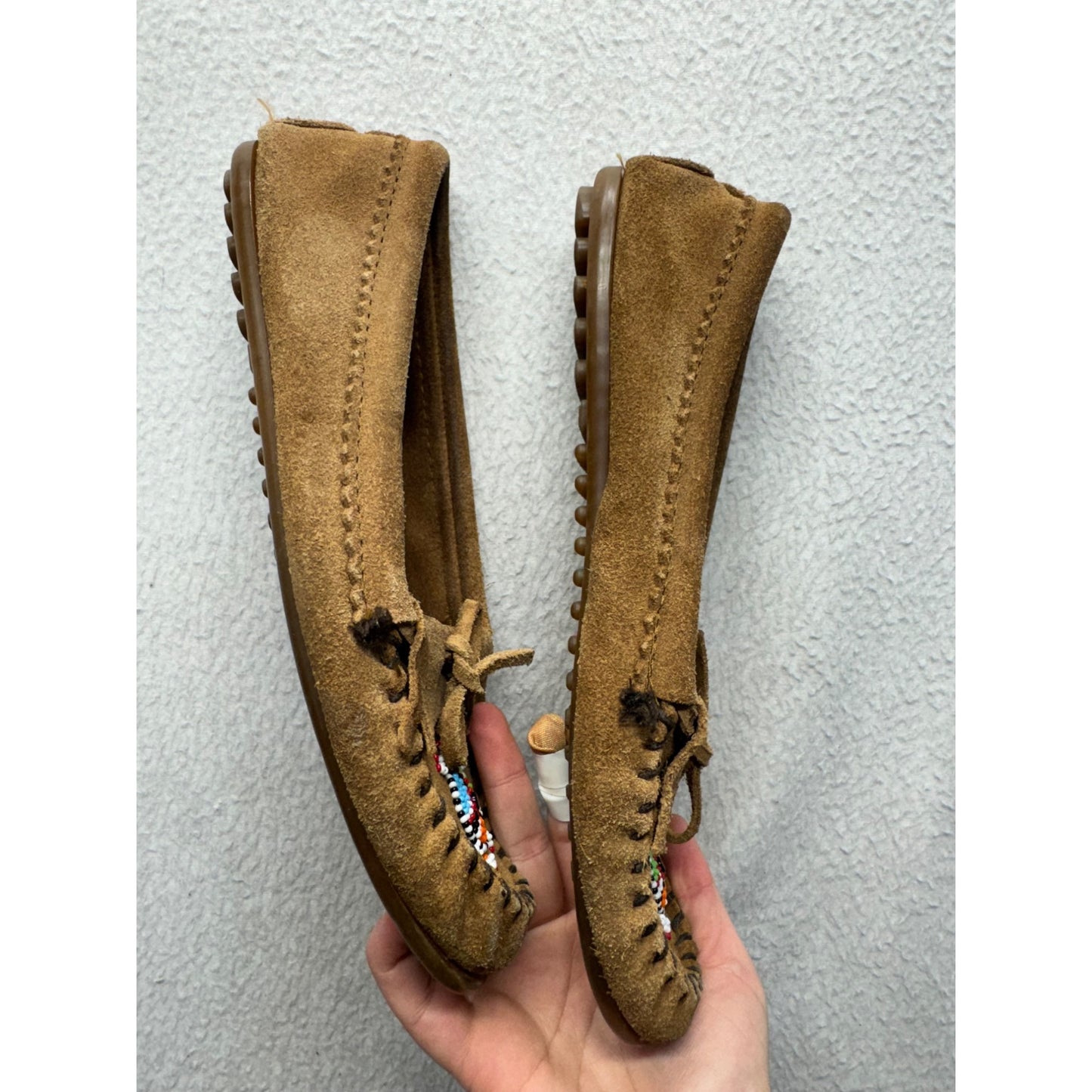 Minnetonka Brown Suede Beaded Moccasins Rubber Sole Slip-On Shoes #9636