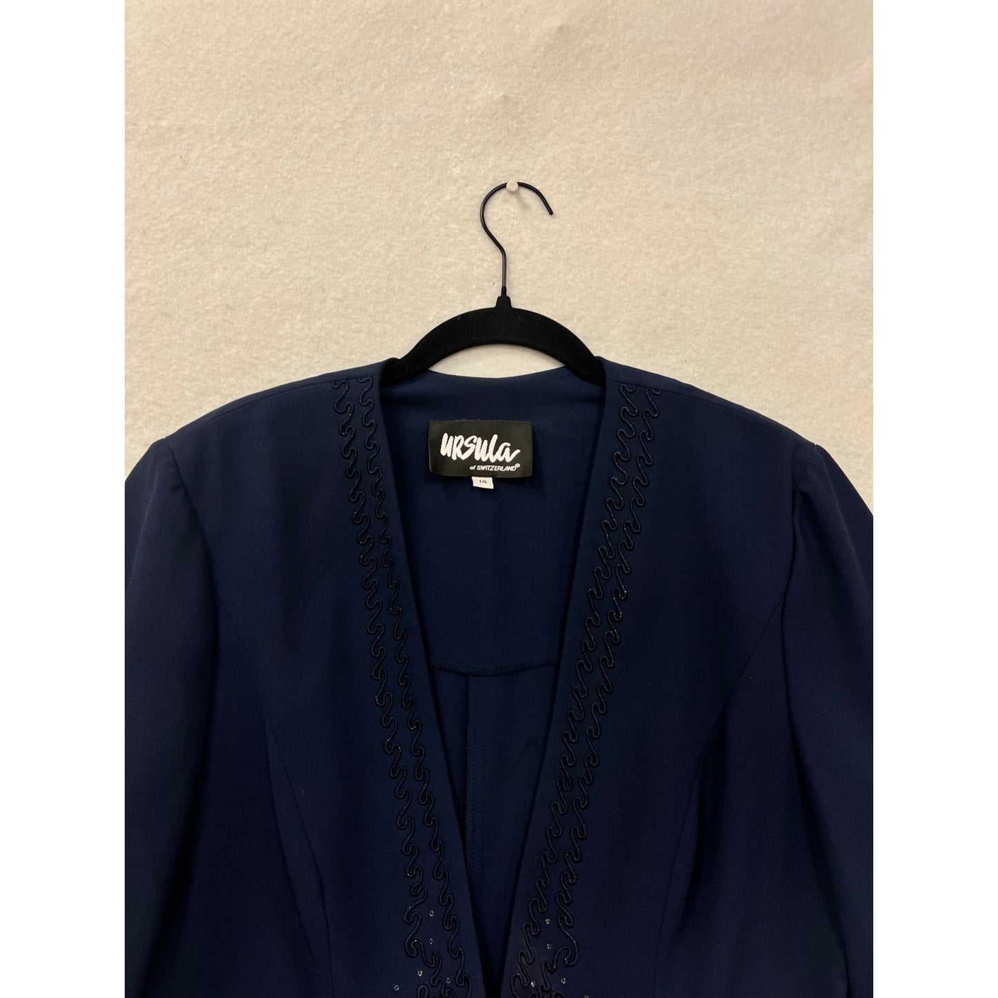 Ursula Of Switzerland Navy Embellished Open Front Blazer Jacket Size 14 #8643