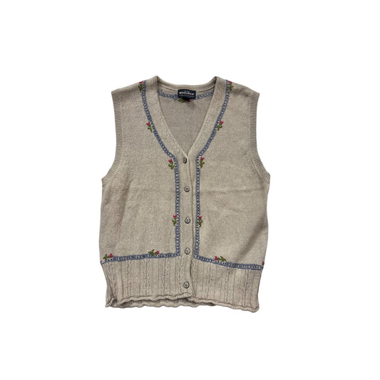 Woolrich Beige Sleeveless Knit Cardigan Vest With Floral Embroidery XL #973A