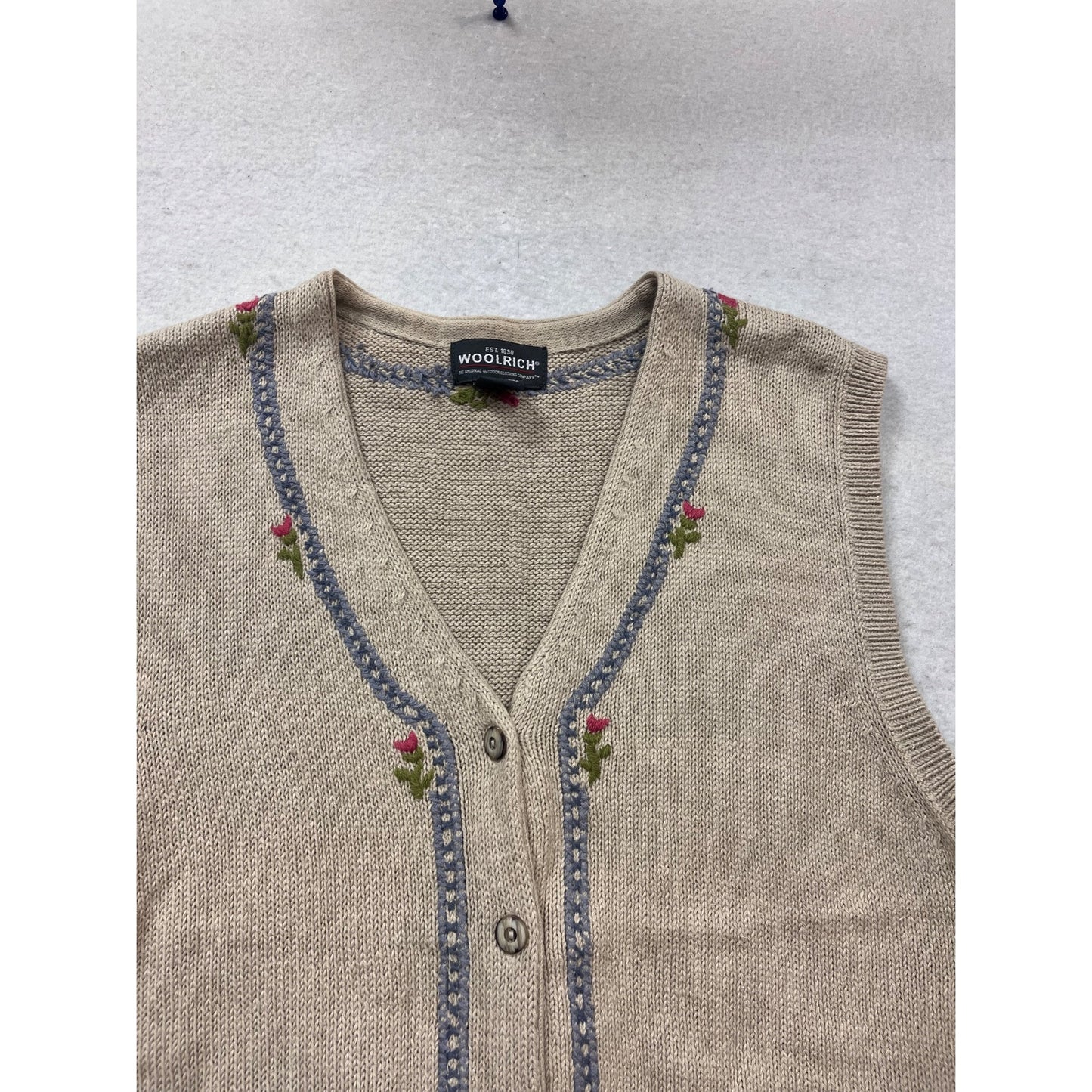 Woolrich Beige Sleeveless Knit Cardigan Vest With Floral Embroidery XL #973A