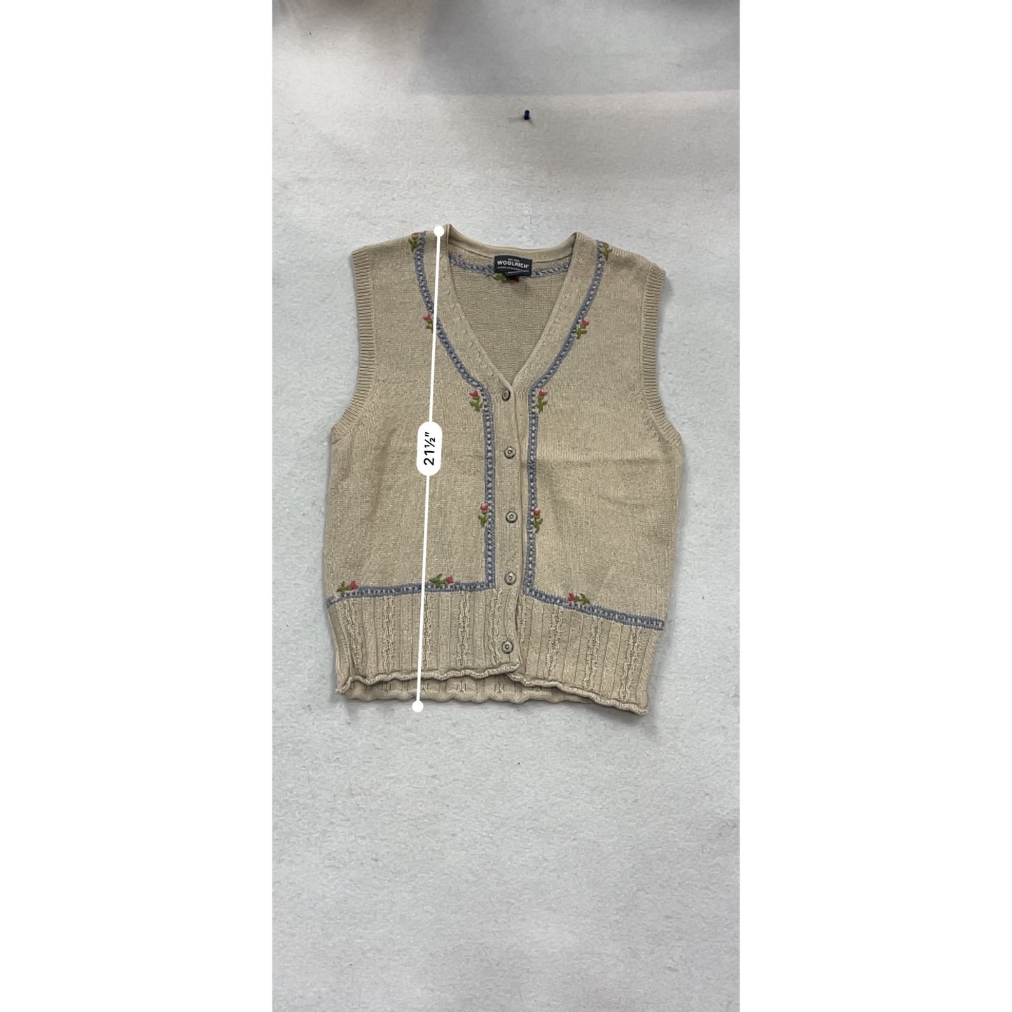 Woolrich Beige Sleeveless Knit Cardigan Vest With Floral Embroidery XL #973A
