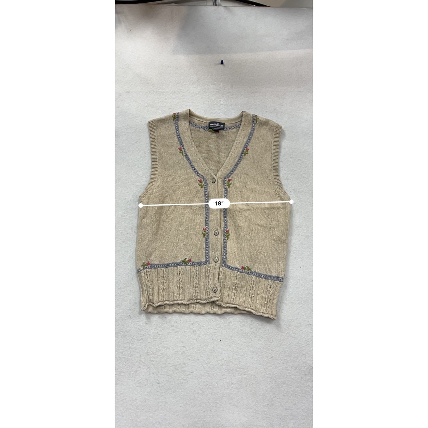 Woolrich Beige Sleeveless Knit Cardigan Vest With Floral Embroidery XL #973A