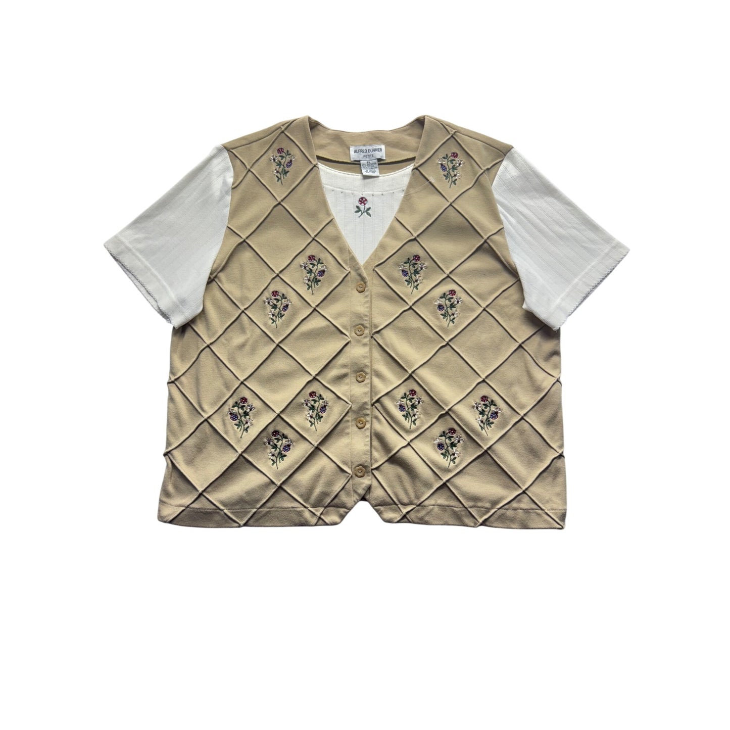 Alfred Dunner Petite Floral Embroidered Short Sleeve Button-Front Vest Top 81B