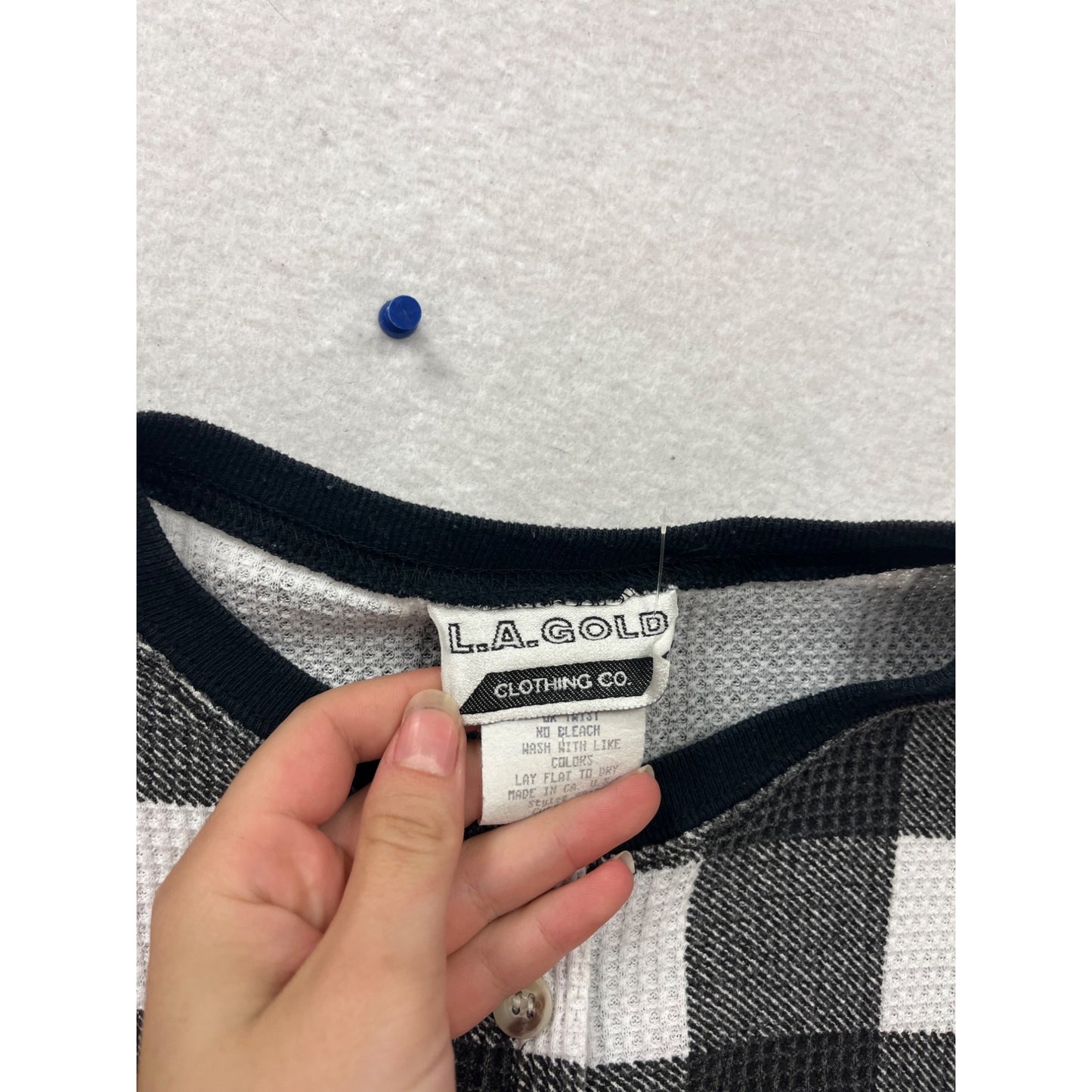 L.A. Gold Vintage 90s Black & White Plaid Long Sleeve Henley Shirt Size M #760A