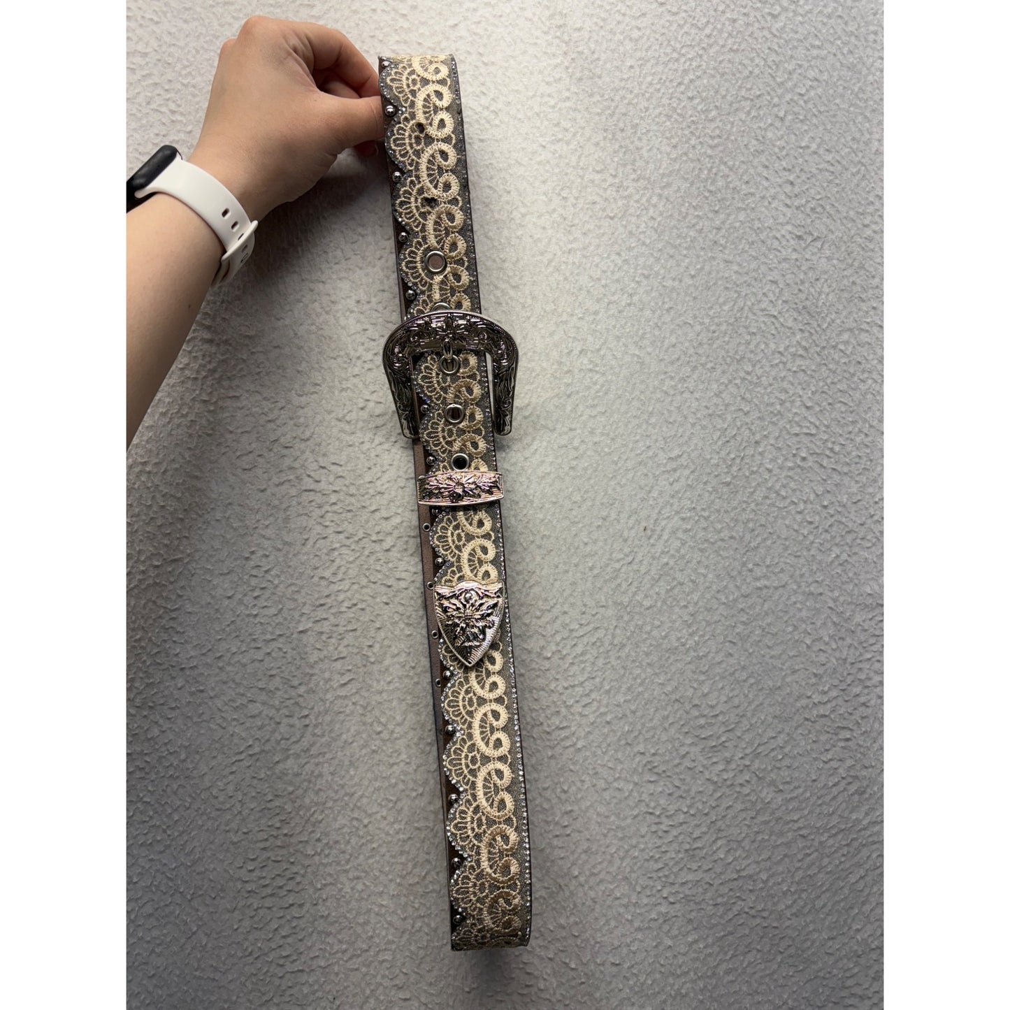 Western-Style Leather Belt With Silver Buckle & Lace Overlay #7733