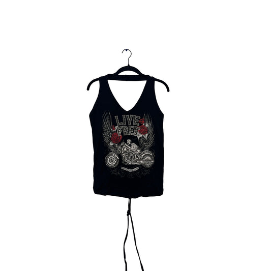 Live Free Black Graphic Tank Top With Motorcycle & Rose Design  #811A