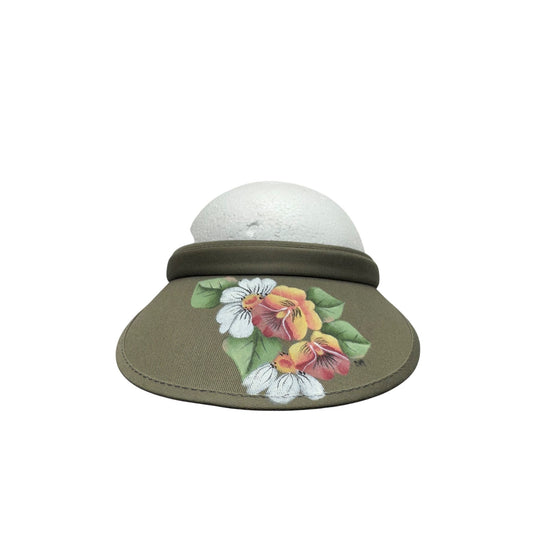 Olive Green Sun Visor With Hand-Painted Floral Design & Adjustable Fit #9784