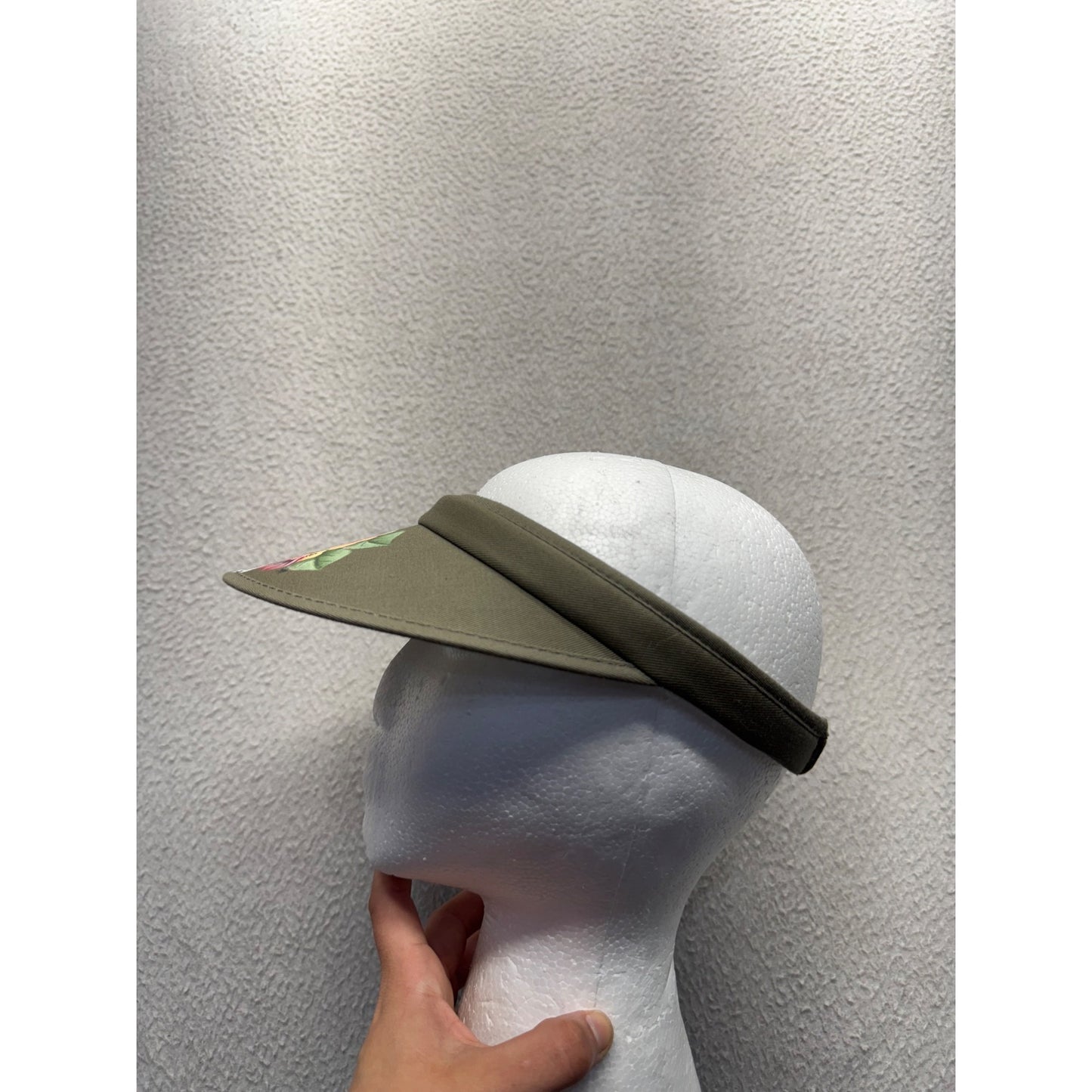 Olive Green Sun Visor With Hand-Painted Floral Design & Adjustable Fit #9784