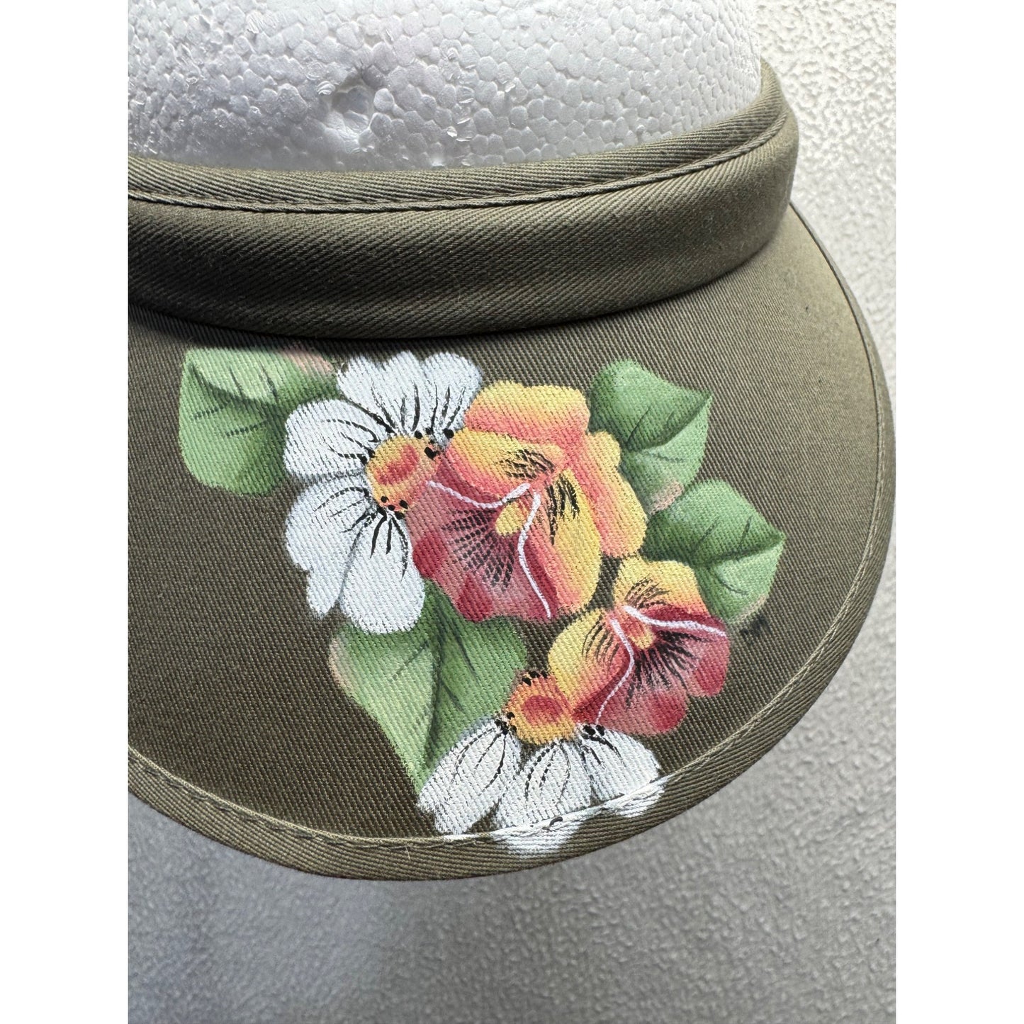 Olive Green Sun Visor With Hand-Painted Floral Design & Adjustable Fit #9784