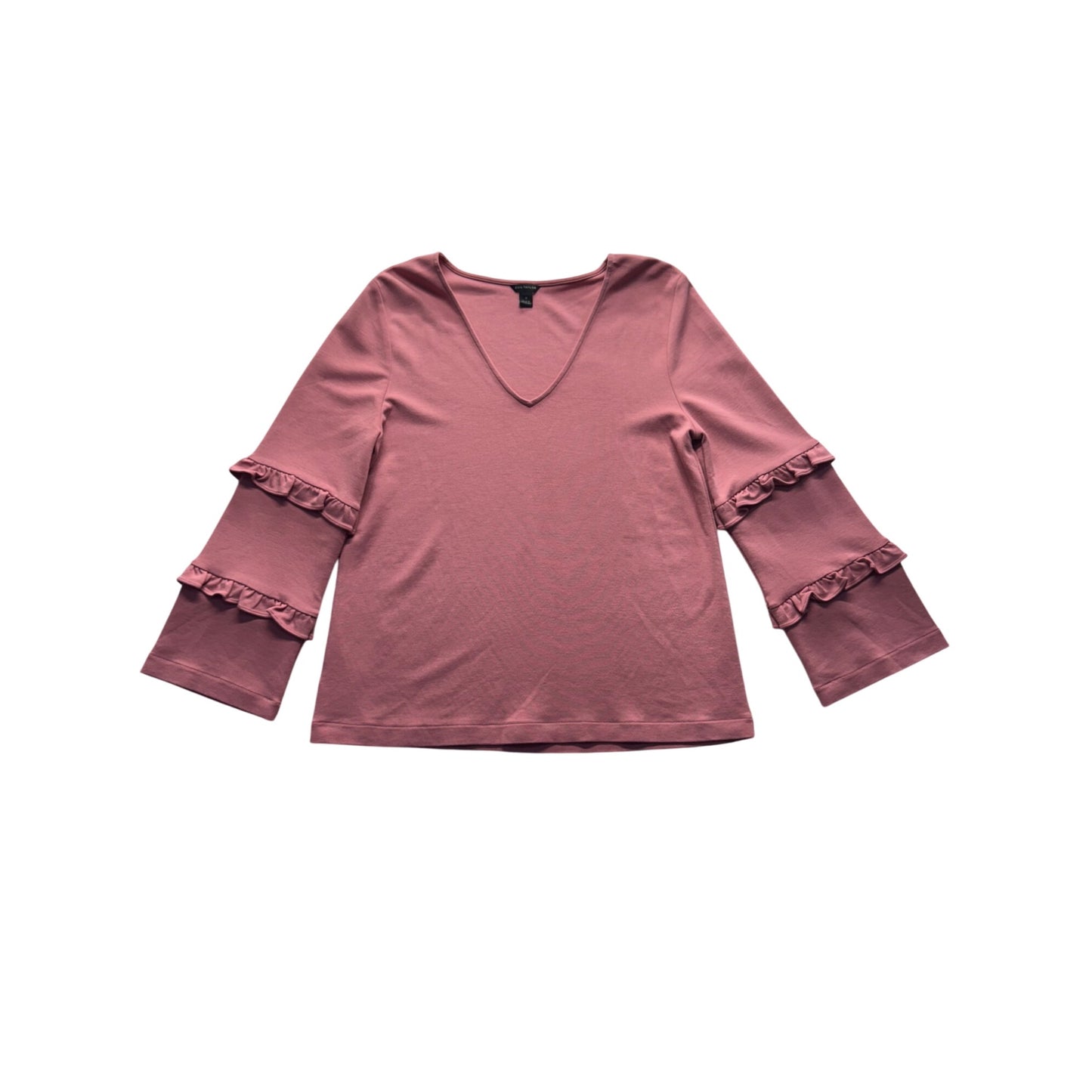 Ann Taylor Pink Ruffle Bell Sleeve V-Neck Top Medium Rayon Blend #9939
