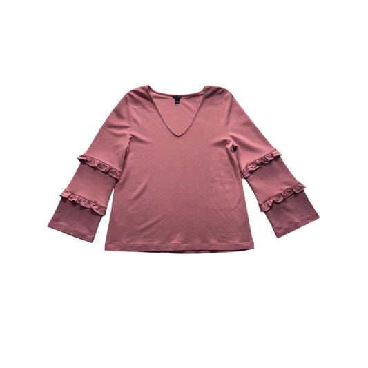 Ann Taylor Pink Ruffle Bell Sleeve V-Neck Top Medium Rayon Blend #9939