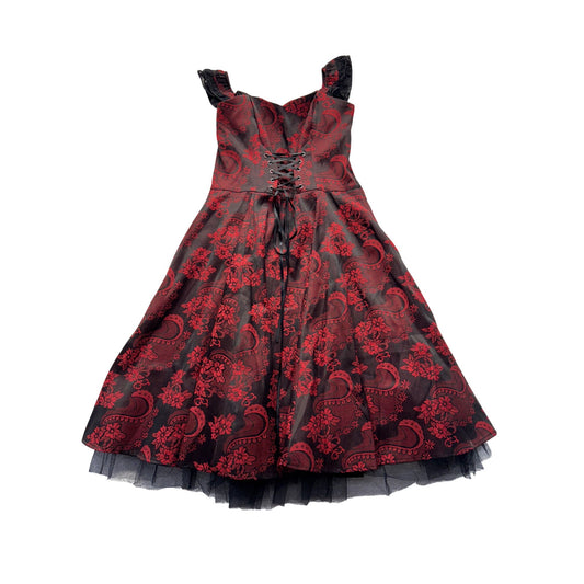 Hearts & Roses Red & Black Lace-Up Sleeveless Floral Gothic Dress #9574