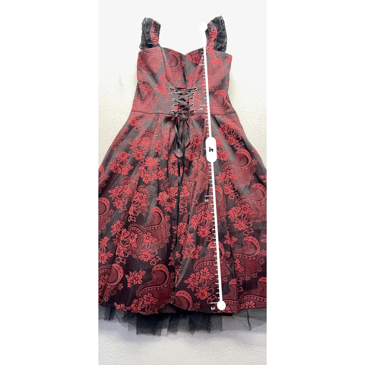Hearts & Roses Red & Black Lace-Up Sleeveless Floral Gothic Dress #9574