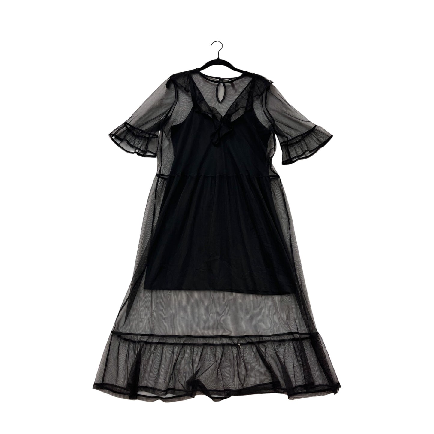 Black Sheer Midi Dress With Ruffled Sleeves & Keyhole Back By Divided #63A