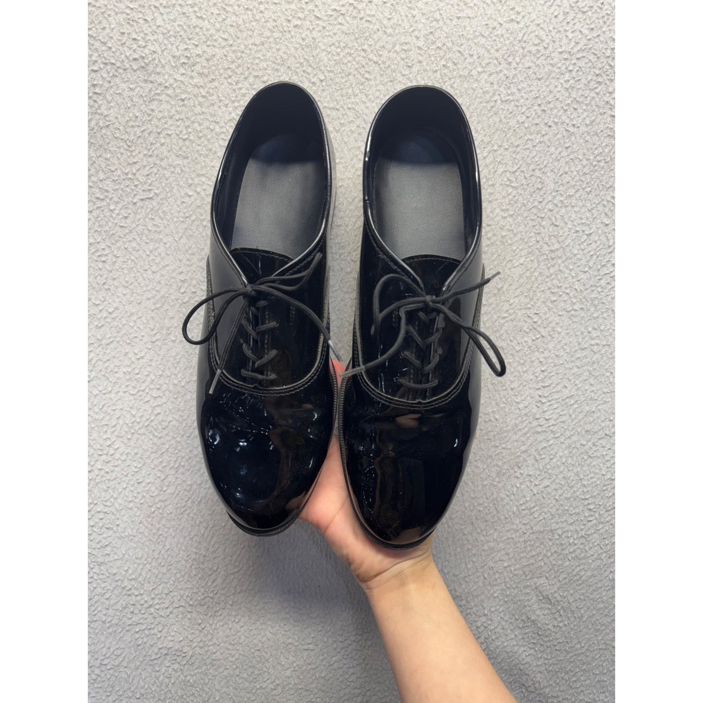Black Patent Leather Oxford Shoes With Lace-Up Closure & Rubber Soles #9627