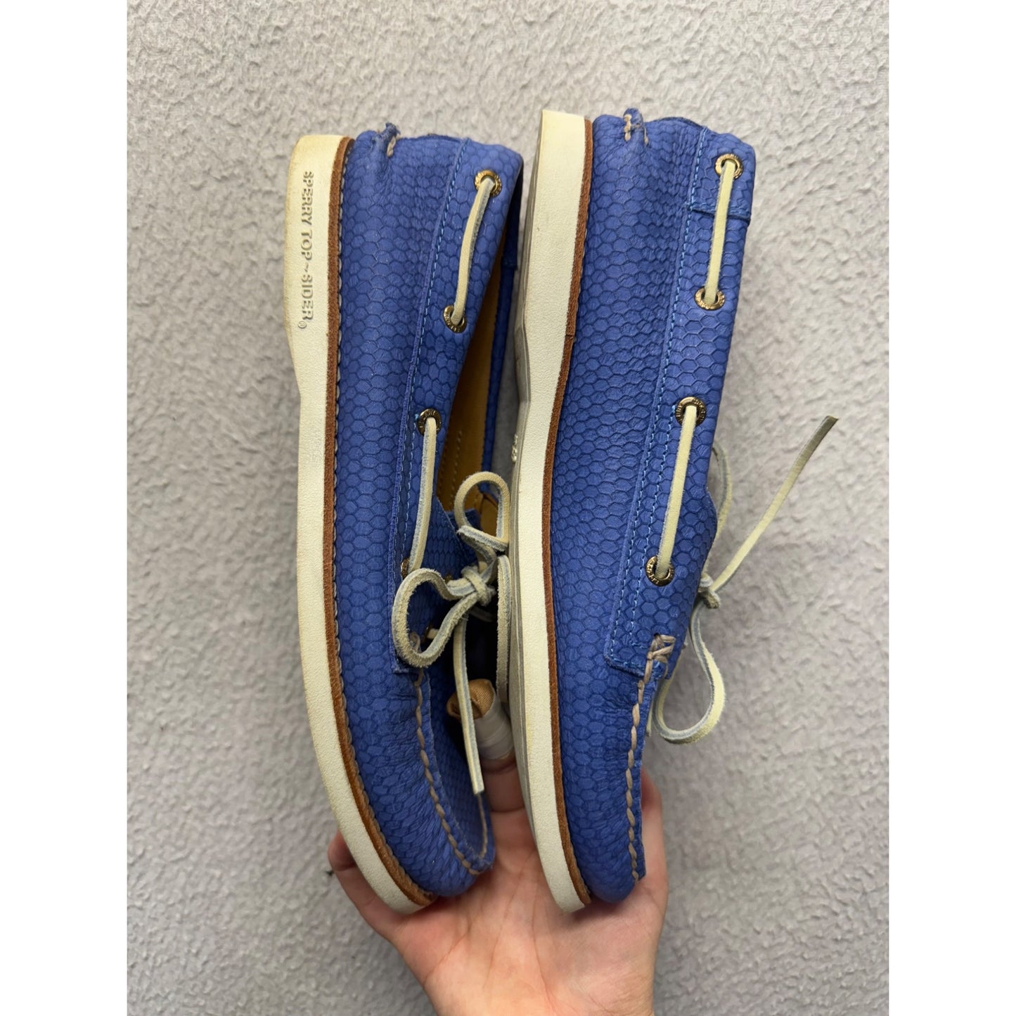 Sperry Top Sider Blue Textured Leather Boat Shoes Casual Comfort #9646