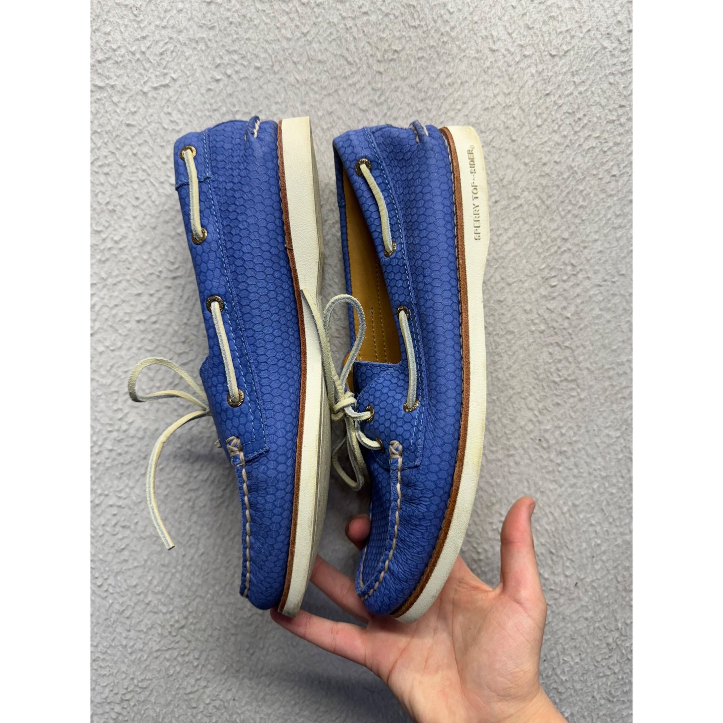 Sperry Top Sider Blue Textured Leather Boat Shoes Casual Comfort #9646