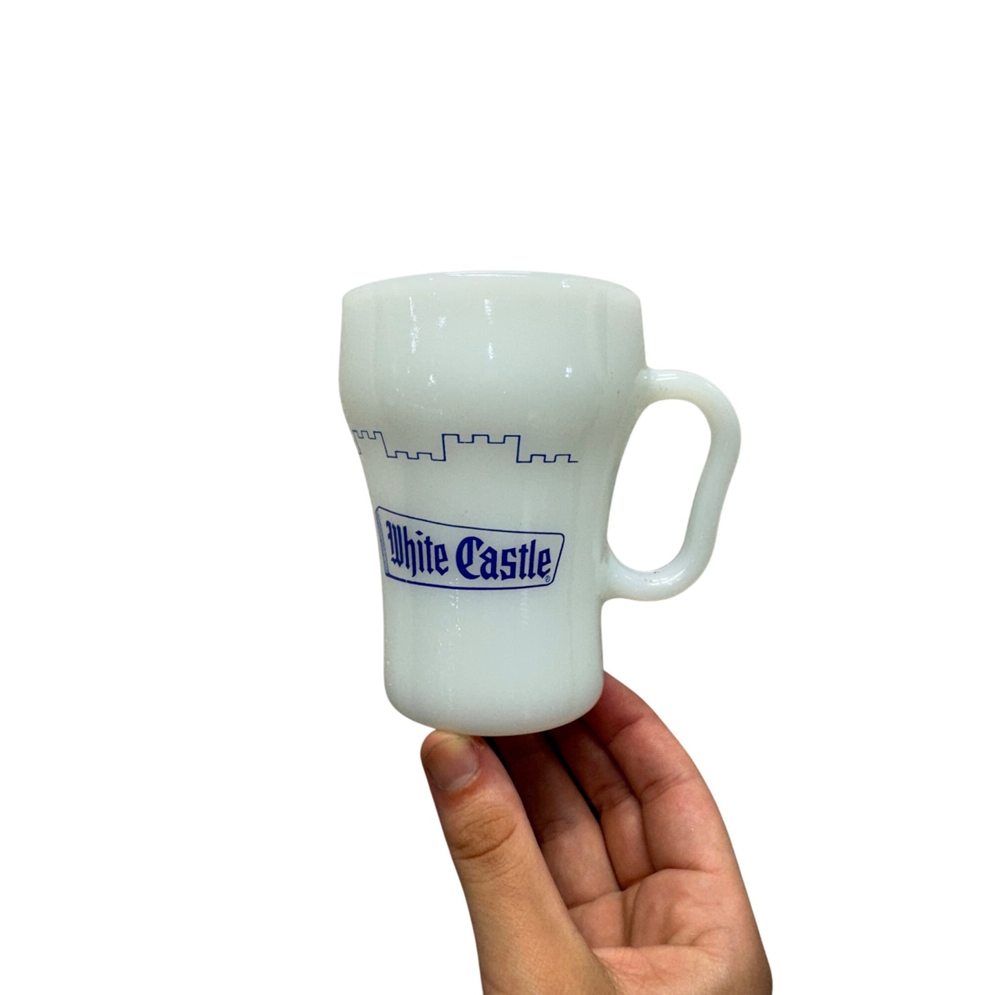 Vintage White Castle Milk Glass Mug With Blue Skyline Design #117B