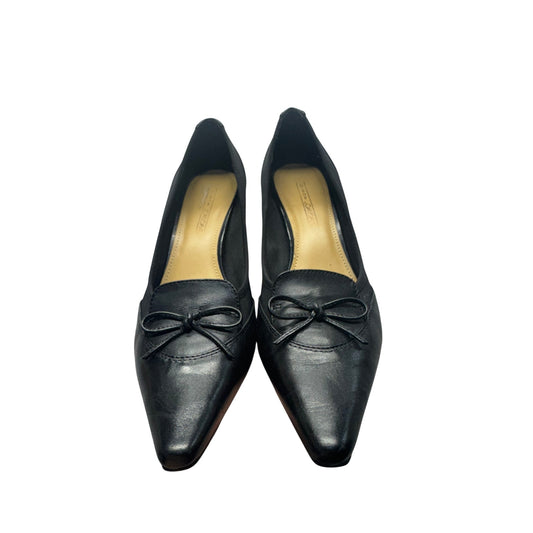 Black Leather Kitten Heel Dress Shoes With Bow Accent #9810