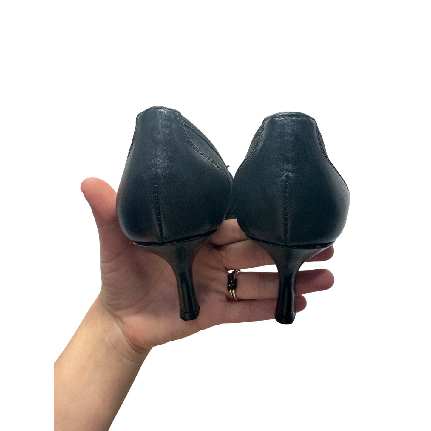 Black Leather Kitten Heel Dress Shoes With Bow Accent #9810