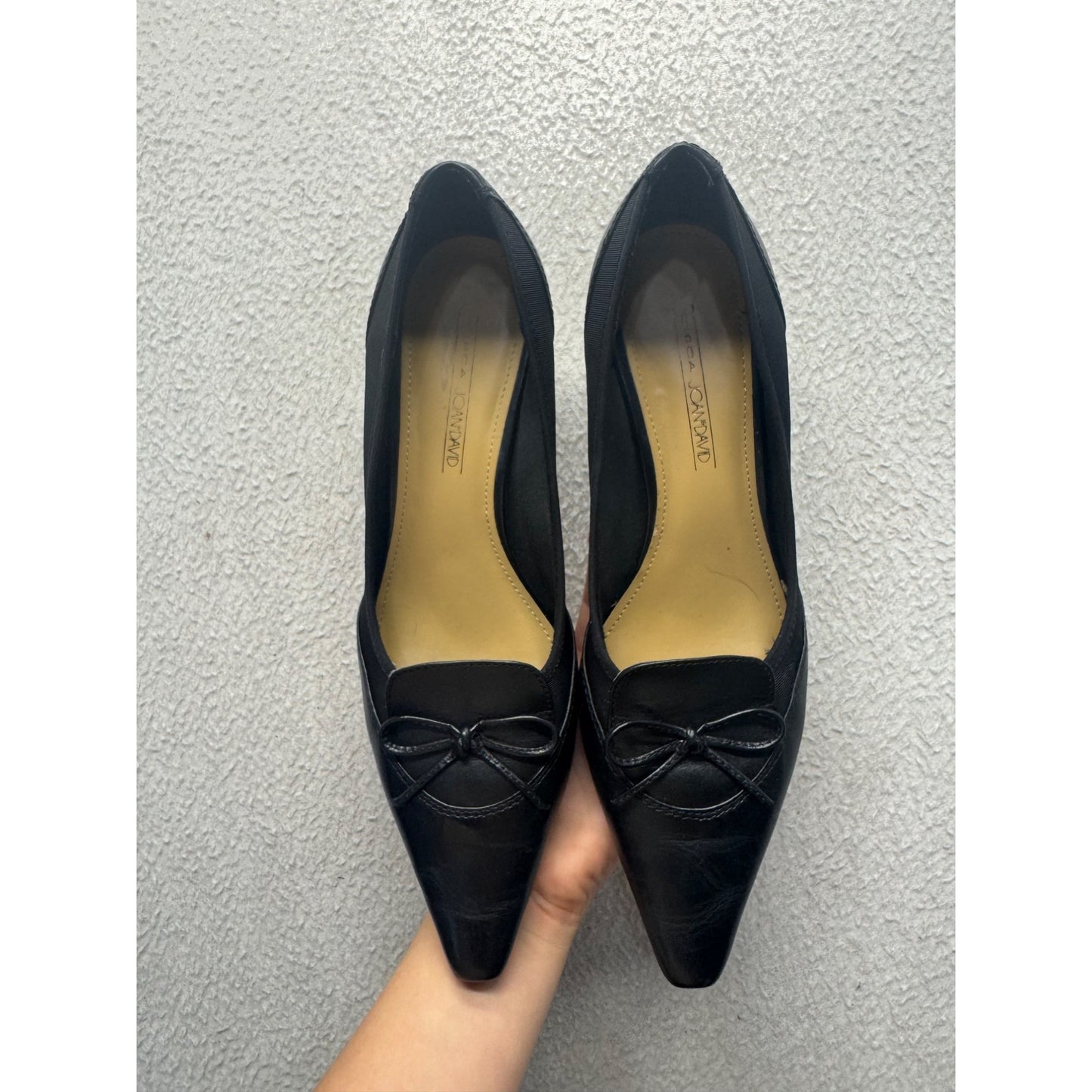 Black Leather Kitten Heel Dress Shoes With Bow Accent #9810
