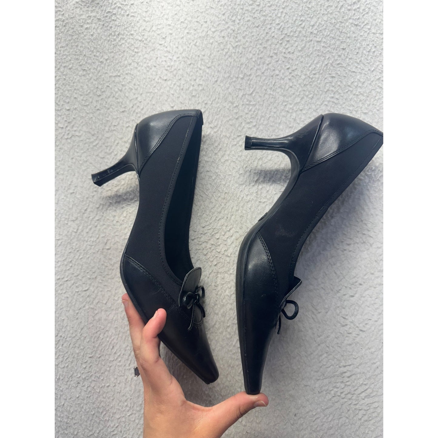 Black Leather Kitten Heel Dress Shoes With Bow Accent #9810