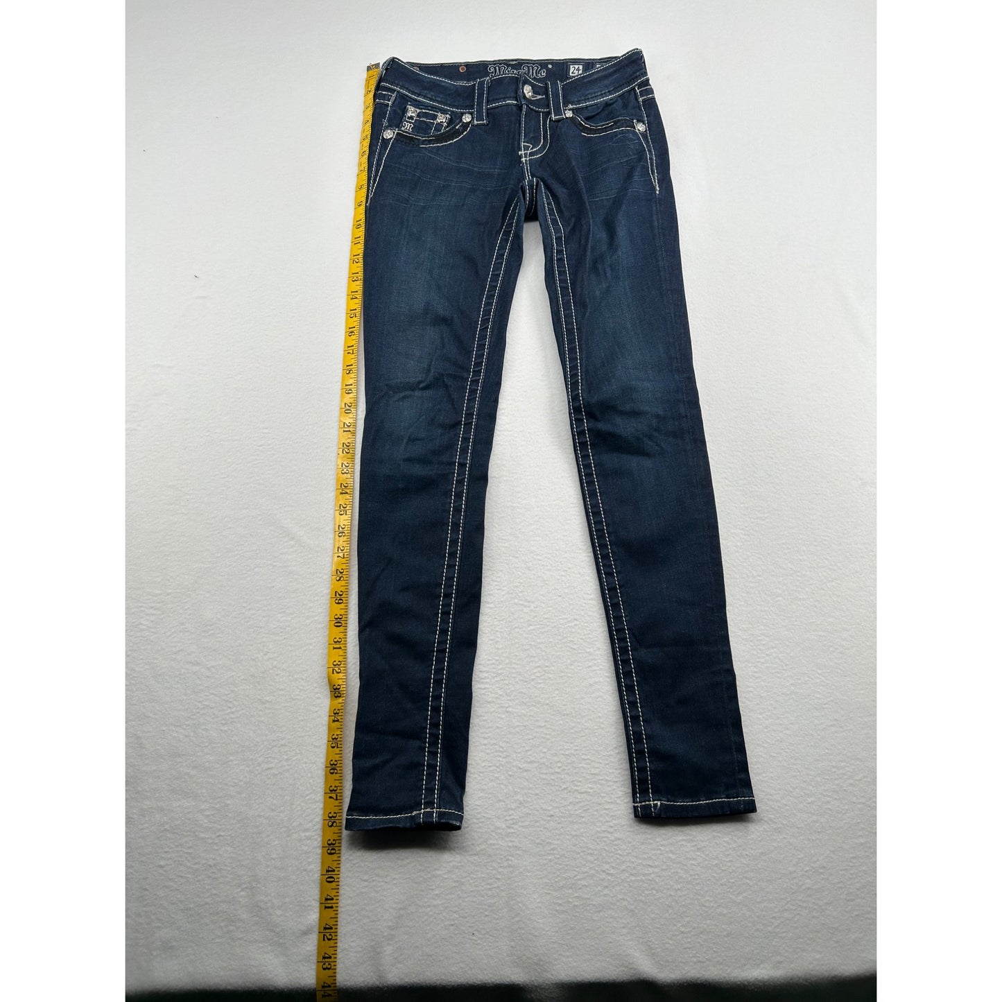 Miss Me Womens Dark Wash Skinny Jeans W24 Rhinestone Pocket Design #6482