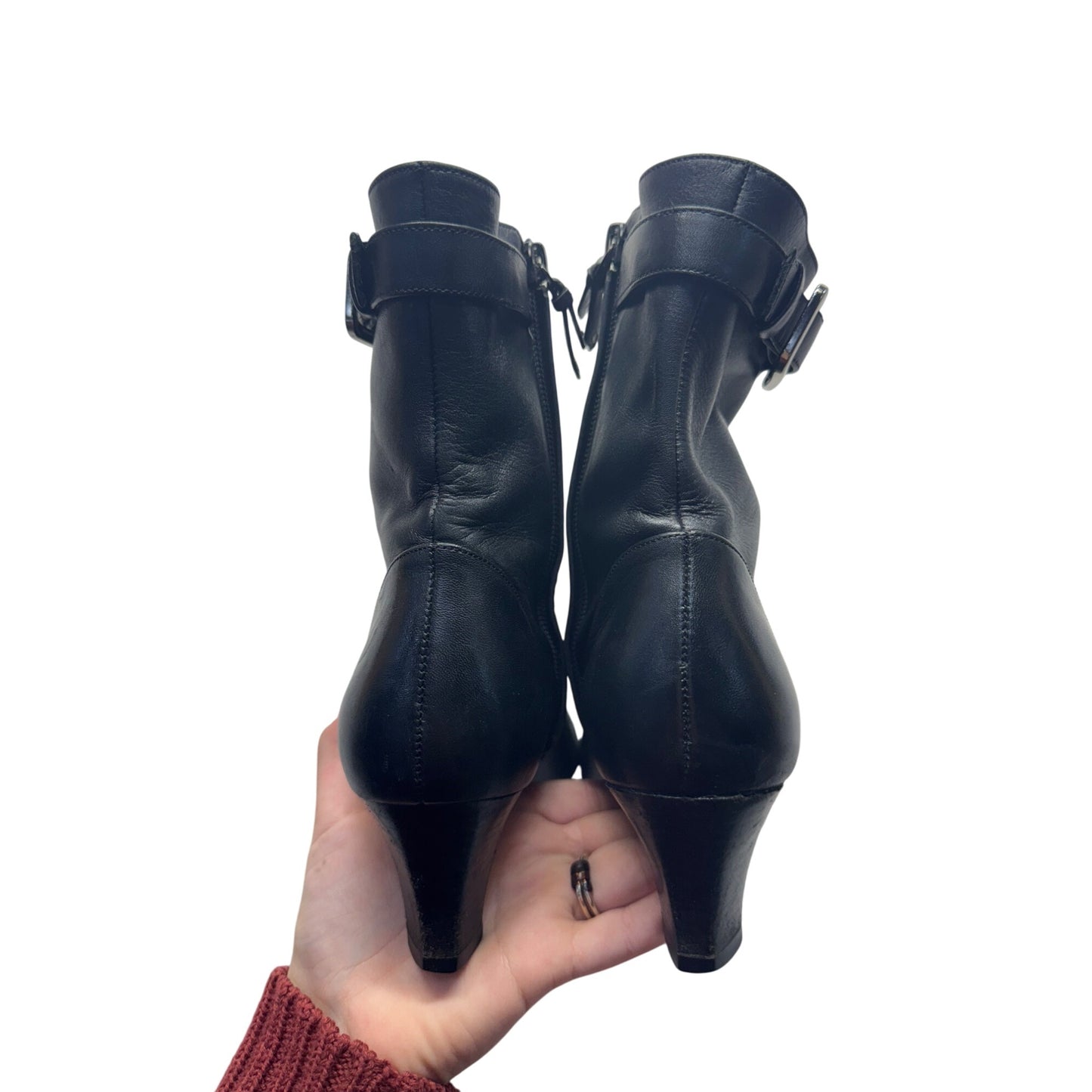 Cole Haan Black Leather Heeled Ankle Boots With Buckle & Side Zipper #345B