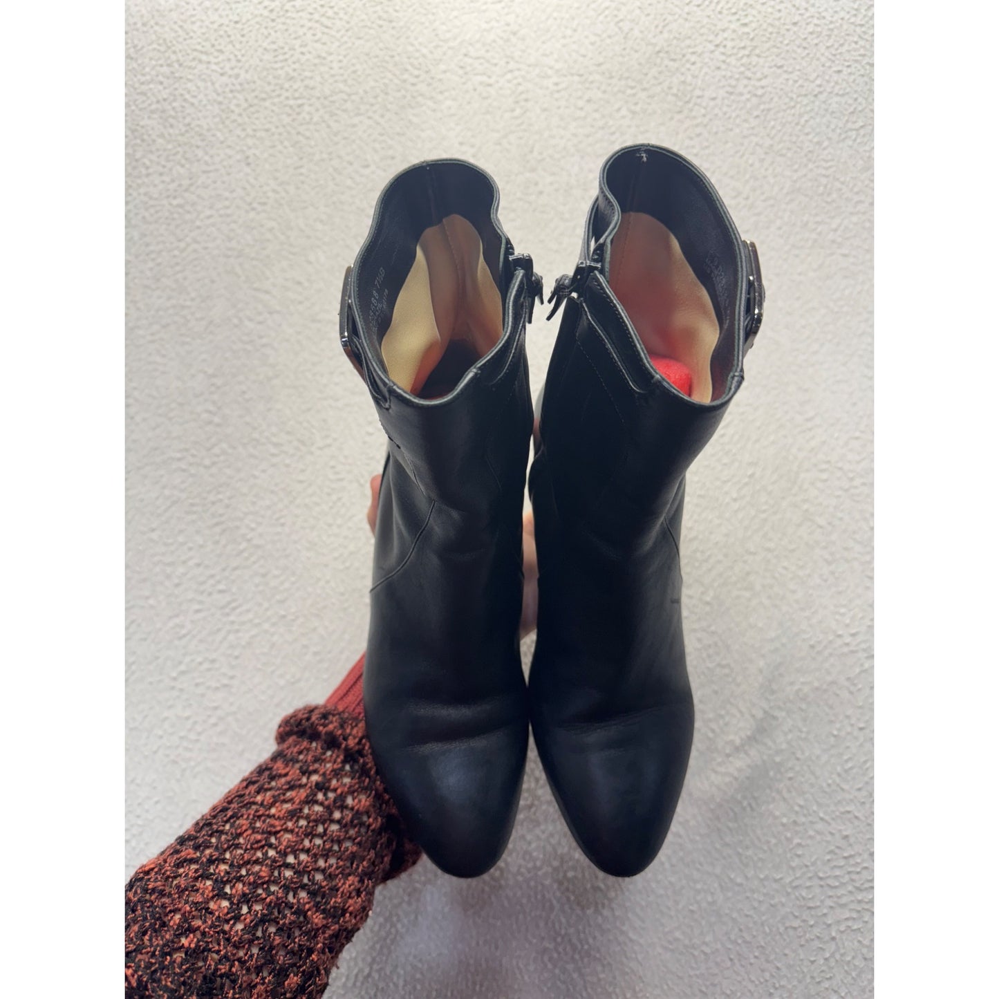 Cole Haan Black Leather Heeled Ankle Boots With Buckle & Side Zipper #345B