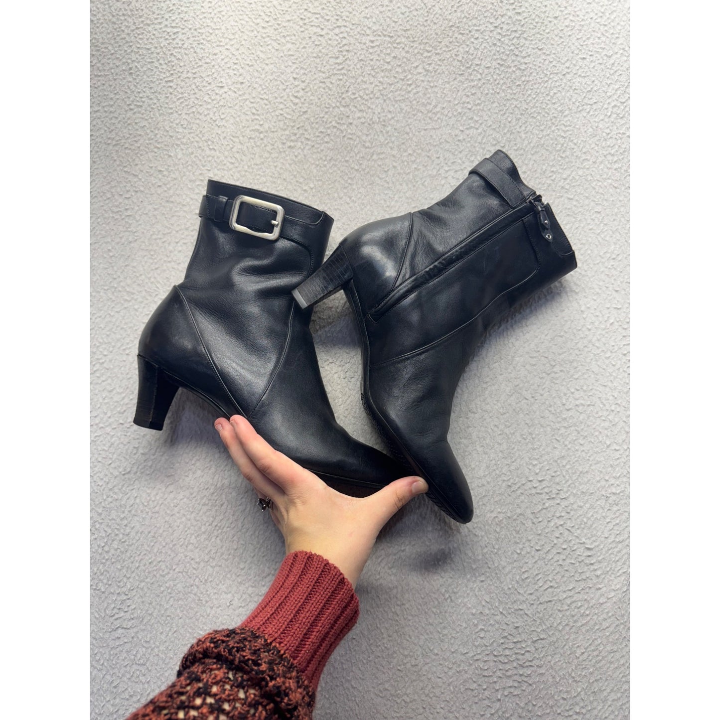 Cole Haan Black Leather Heeled Ankle Boots With Buckle & Side Zipper #345B