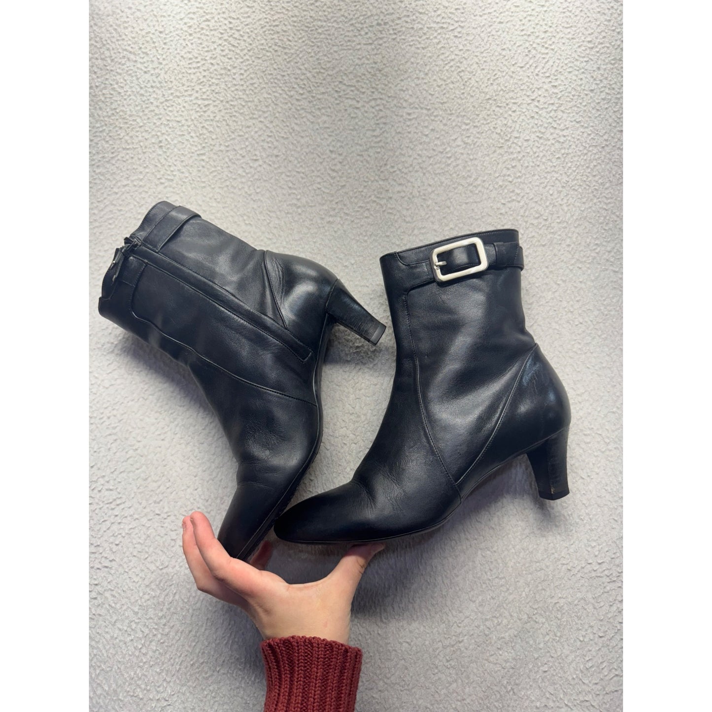 Cole Haan Black Leather Heeled Ankle Boots With Buckle & Side Zipper #345B