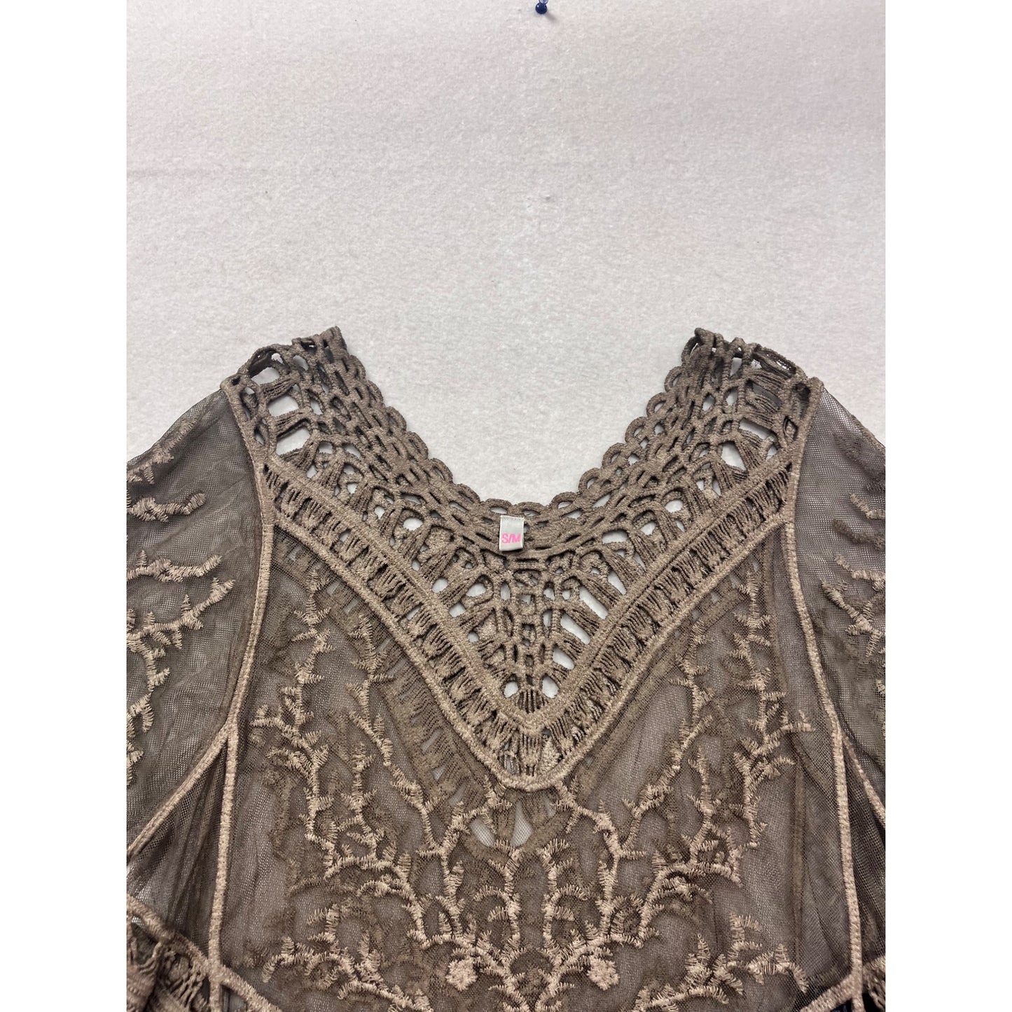Crochet Fringe Embroidered Poncho Top S/M #538A