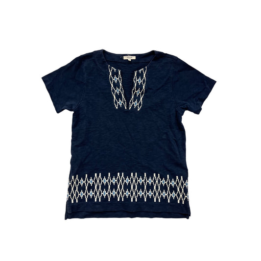 Madewell Womens Cotton Embroidered Navy Tunic Top Medium Short Sleeve Geometric Pattern #6931