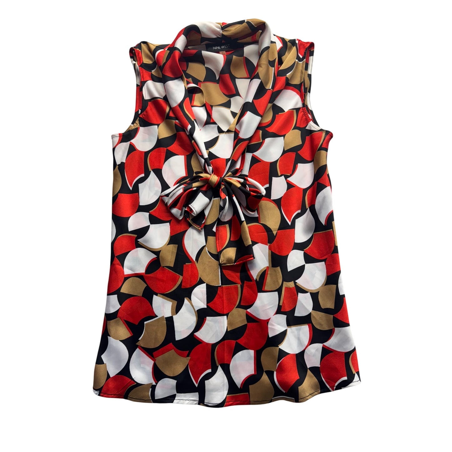 Nine West Sleeveless Bow Tie Blouse With Abstract Red Gold Black White #9942