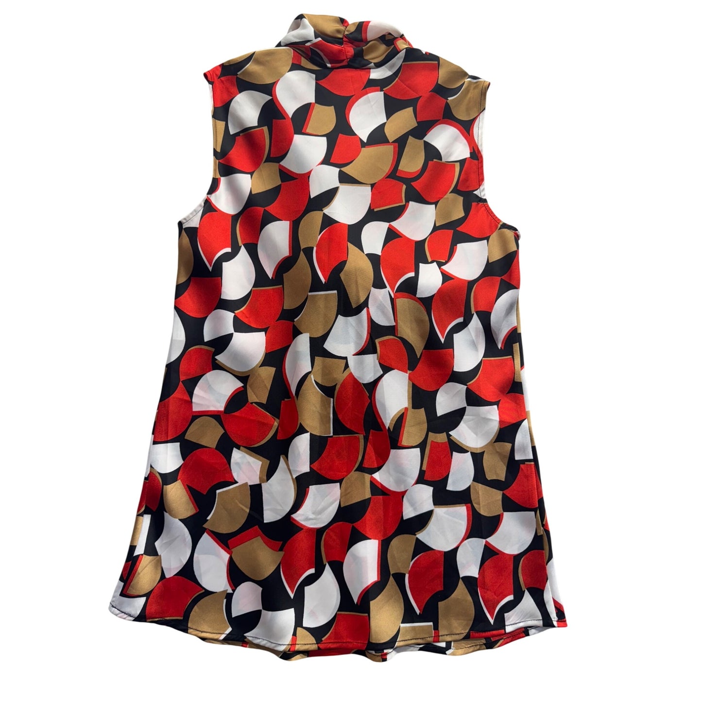 Nine West Sleeveless Bow Tie Blouse With Abstract Red Gold Black White #9942