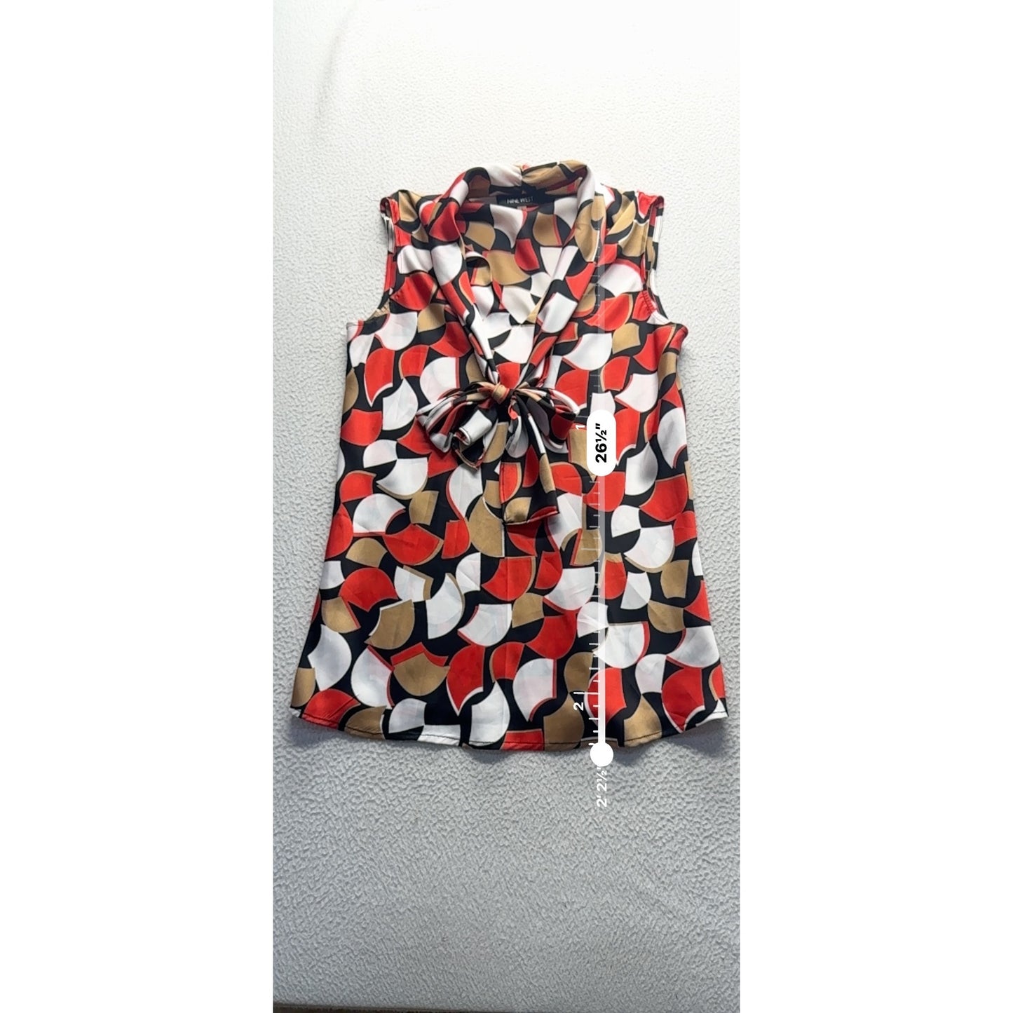 Nine West Sleeveless Bow Tie Blouse With Abstract Red Gold Black White #9942