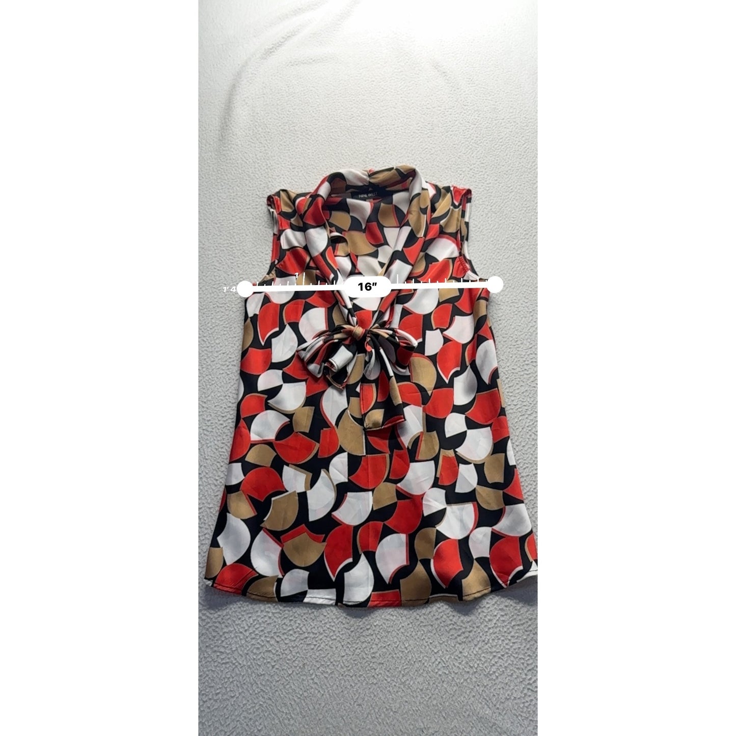 Nine West Sleeveless Bow Tie Blouse With Abstract Red Gold Black White #9942