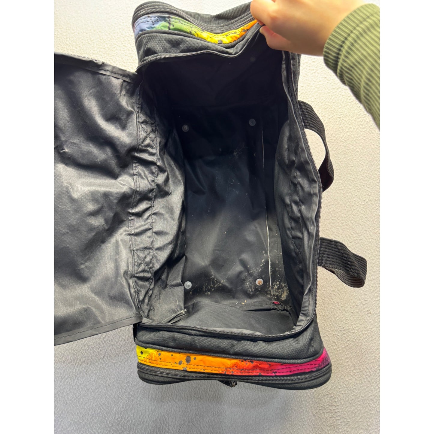 Golden Pacific Rainbow Splatter Duffel Bag Black Base & Adjustable Strap 108B